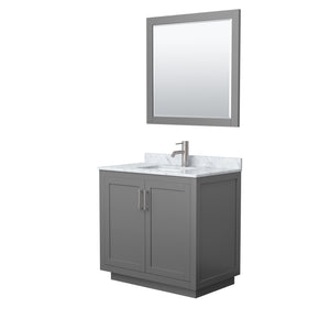 Miranda 36 Inch Single Bathroom Vanity in Dark Gray White Carrara Marble Countertop Undermount Square Sink Brushed Nickel Trim 34 Inch Mirror