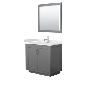 Miranda 36 Inch Single Bathroom Vanity in Dark Gray White Cultured Marble Countertop Undermount Square Sink Brushed Nickel Trim 34 Inch Mirror