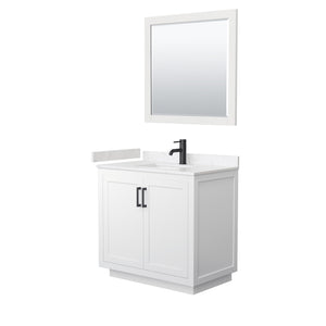 Miranda 36 Inch Single Bathroom Vanity in White Carrara Cultured Marble Countertop Undermount Square Sink Matte Black Trim 34 Inch Mirror