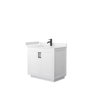Miranda 36 Inch Single Bathroom Vanity in White Carrara Cultured Marble Countertop Undermount Square Sink Matte Black Trim