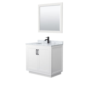 Miranda 36 Inch Single Bathroom Vanity in White White Carrara Marble Countertop Undermount Square Sink Matte Black Trim 34 Inch Mirror