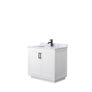 Miranda 36 Inch Single Bathroom Vanity in White White Carrara Marble Countertop Undermount Square Sink Matte Black Trim