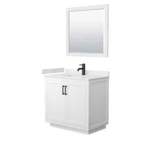 Miranda 36 Inch Single Bathroom Vanity in White White Cultured Marble Countertop Undermount Square Sink Matte Black Trim 34 Inch Mirror