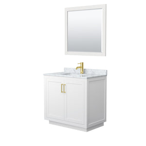 Miranda 36 Inch Single Bathroom Vanity in White White Carrara Marble Countertop Undermount Square Sink Brushed Gold Trim 34 Inch Mirror