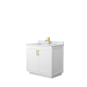 Miranda 36 Inch Single Bathroom Vanity in White White Carrara Marble Countertop Undermount Square Sink Brushed Gold Trim