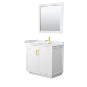 Miranda 36 Inch Single Bathroom Vanity in White White Cultured Marble Countertop Undermount Square Sink Brushed Gold Trim 34 Inch Mirror