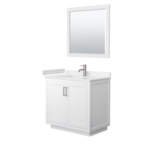 Miranda 36 Inch Single Bathroom Vanity in White Carrara Cultured Marble Countertop Undermount Square Sink Brushed Nickel Trim 34 Inch Mirror
