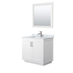 Miranda 36 Inch Single Bathroom Vanity in White White Carrara Marble Countertop Undermount Square Sink Brushed Nickel Trim 34 Inch Mirror