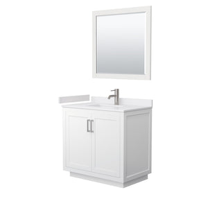 Miranda 36 Inch Single Bathroom Vanity in White White Cultured Marble Countertop Undermount Square Sink Brushed Nickel Trim 34 Inch Mirror