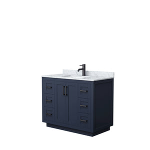 Miranda 42 Inch Single Bathroom Vanity in Dark Blue White Carrara Marble Countertop Undermount Square Sink Matte Black Trim