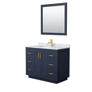 Miranda 42 Inch Single Bathroom Vanity in Dark Blue White Carrara Marble Countertop Undermount Square Sink Brushed Gold Trim 34 Inch Mirror