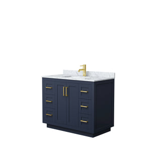 Miranda 42 Inch Single Bathroom Vanity in Dark Blue White Carrara Marble Countertop Undermount Square Sink Brushed Gold Trim