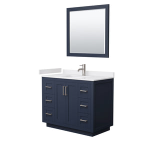Miranda 42 Inch Single Bathroom Vanity in Dark Blue White Cultured Marble Countertop Undermount Square Sink Brushed Nickel Trim 34 Inch Mirror