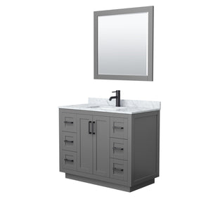 Miranda 42 Inch Single Bathroom Vanity in Dark Gray White Carrara Marble Countertop Undermount Square Sink Matte Black Trim 34 Inch Mirror