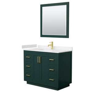 Miranda 42 Inch Single Bathroom Vanity in Green Carrara Cultured Marble Countertop Undermount Square Sink Brushed Gold Trim 34 Inch Mirror