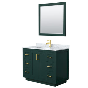 Miranda 42 Inch Single Bathroom Vanity in Green White Carrara Marble Countertop Undermount Square Sink Brushed Gold Trim 34 Inch Mirror