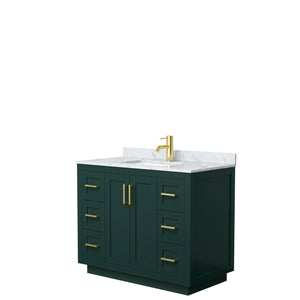Miranda 42 Inch Single Bathroom Vanity in Green White Carrara Marble Countertop Undermount Square Sink Brushed Gold Trim