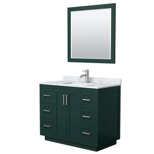 Miranda 42 Inch Single Bathroom Vanity in Green White Carrara Marble Countertop Undermount Square Sink Brushed Nickel Trim 34 Inch Mirror