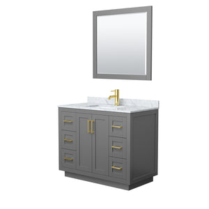 Miranda 42 Inch Single Bathroom Vanity in Dark Gray White Carrara Marble Countertop Undermount Square Sink Brushed Gold Trim 34 Inch Mirror