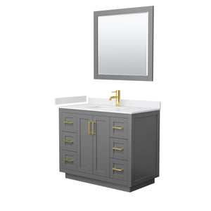 Miranda 42 Inch Single Bathroom Vanity in Dark Gray White Cultured Marble Countertop Undermount Square Sink Brushed Gold Trim 34 Inch Mirror