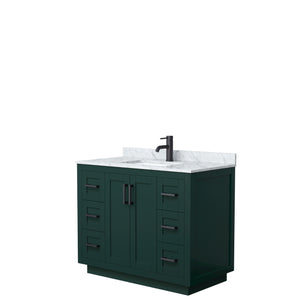 Miranda 42 Inch Single Bathroom Vanity in Green White Carrara Marble Countertop Undermount Square Sink Matte Black Trim