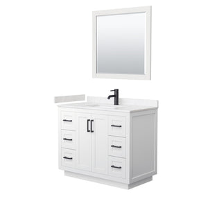Miranda 42 Inch Single Bathroom Vanity in White Carrara Cultured Marble Countertop Undermount Square Sink Matte Black Trim 34 Inch Mirror