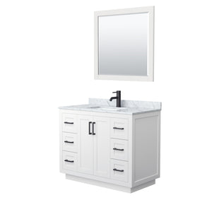 Miranda 42 Inch Single Bathroom Vanity in White White Carrara Marble Countertop Undermount Square Sink Matte Black Trim 34 Inch Mirror