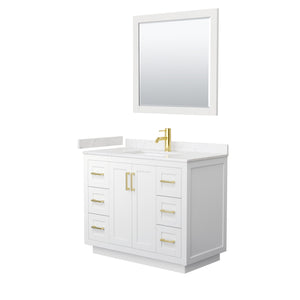 Miranda 42 Inch Single Bathroom Vanity in White Carrara Cultured Marble Countertop Undermount Square Sink Brushed Gold Trim 34 Inch Mirror