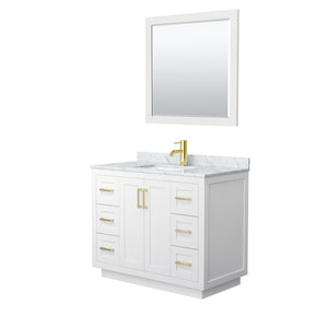 Miranda 42 Inch Single Bathroom Vanity in White White Carrara Marble Countertop Undermount Square Sink Brushed Gold Trim 34 Inch Mirror