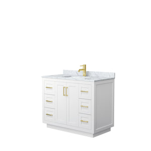 Miranda 42 Inch Single Bathroom Vanity in White White Carrara Marble Countertop Undermount Square Sink Brushed Gold Trim