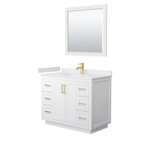 Miranda 42 Inch Single Bathroom Vanity in White White Cultured Marble Countertop Undermount Square Sink Brushed Gold Trim 34 Inch Mirror