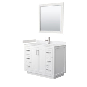 Miranda 42 Inch Single Bathroom Vanity in White Carrara Cultured Marble Countertop Undermount Square Sink Brushed Nickel Trim 34 Inch Mirror