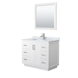 Miranda 42 Inch Single Bathroom Vanity in White White Carrara Marble Countertop Undermount Square Sink Brushed Nickel Trim 34 Inch Mirror