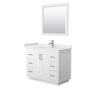 Miranda 42 Inch Single Bathroom Vanity in White White Cultured Marble Countertop Undermount Square Sink Brushed Nickel Trim 34 Inch Mirror