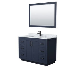 Miranda 48 Inch Single Bathroom Vanity in Dark Blue White Carrara Marble Countertop Undermount Square Sink Matte Black Trim 46 Inch Mirror