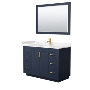 Miranda 48 Inch Single Bathroom Vanity in Dark Blue Carrara Cultured Marble Countertop Undermount Square Sink Brushed Gold Trim 46 Inch Mirror
