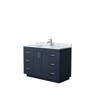 Miranda 48 Inch Single Bathroom Vanity in Dark Blue White Carrara Marble Countertop Undermount Square Sink Brushed Nickel Trim