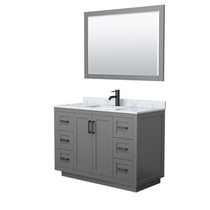 Miranda 48 Inch Single Bathroom Vanity in Dark Gray White Carrara Marble Countertop Undermount Square Sink Matte Black Trim 46 Inch Mirror