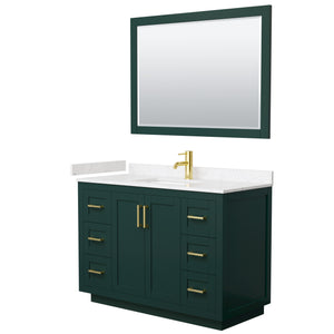 Miranda 48 Inch Single Bathroom Vanity in Green Carrara Cultured Marble Countertop Undermount Square Sink Brushed Gold Trim 46 Inch Mirror