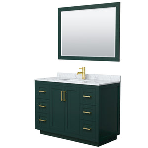 Miranda 48 Inch Single Bathroom Vanity in Green White Carrara Marble Countertop Undermount Square Sink Brushed Gold Trim 46 Inch Mirror