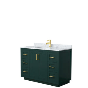 Miranda 48 Inch Single Bathroom Vanity in Green White Carrara Marble Countertop Undermount Square Sink Brushed Gold Trim