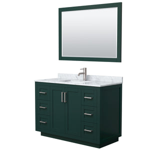 Miranda 48 Inch Single Bathroom Vanity in Green White Carrara Marble Countertop Undermount Square Sink Brushed Nickel Trim 46 Inch Mirror