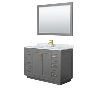Miranda 48 Inch Single Bathroom Vanity in Dark Gray White Carrara Marble Countertop Undermount Square Sink Brushed Gold Trim 46 Inch Mirror