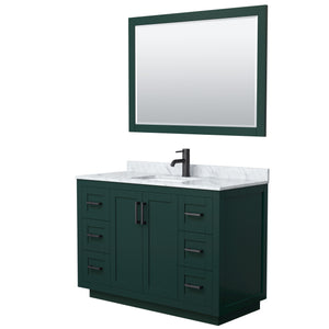 Miranda 48 Inch Single Bathroom Vanity in Green White Carrara Marble Countertop Undermount Square Sink Matte Black Trim 46 Inch Mirror