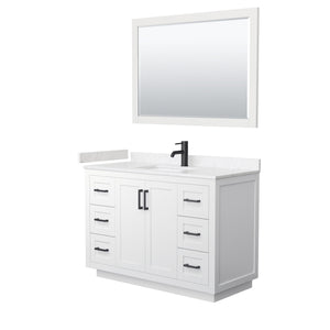Miranda 48 Inch Single Bathroom Vanity in White Carrara Cultured Marble Countertop Undermount Square Sink Matte Black Trim 46 Inch Mirror