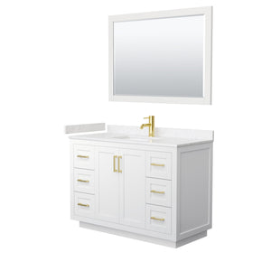 Miranda 48 Inch Single Bathroom Vanity in White Carrara Cultured Marble Countertop Undermount Square Sink Brushed Gold Trim 46 Inch Mirror