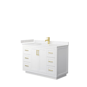 Miranda 48 Inch Single Bathroom Vanity in White Carrara Cultured Marble Countertop Undermount Square Sink Brushed Gold Trim