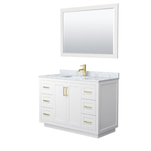 Miranda 48 Inch Single Bathroom Vanity in White White Carrara Marble Countertop Undermount Square Sink Brushed Gold Trim 46 Inch Mirror