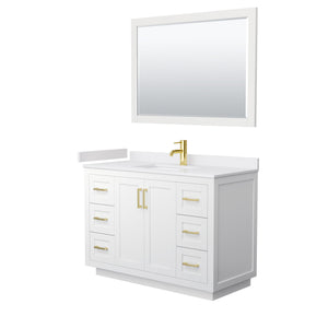 Miranda 48 Inch Single Bathroom Vanity in White White Cultured Marble Countertop Undermount Square Sink Brushed Gold Trim 46 Inch Mirror
