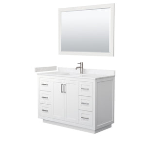 Miranda 48 Inch Single Bathroom Vanity in White Carrara Cultured Marble Countertop Undermount Square Sink Brushed Nickel Trim 46 Inch Mirror